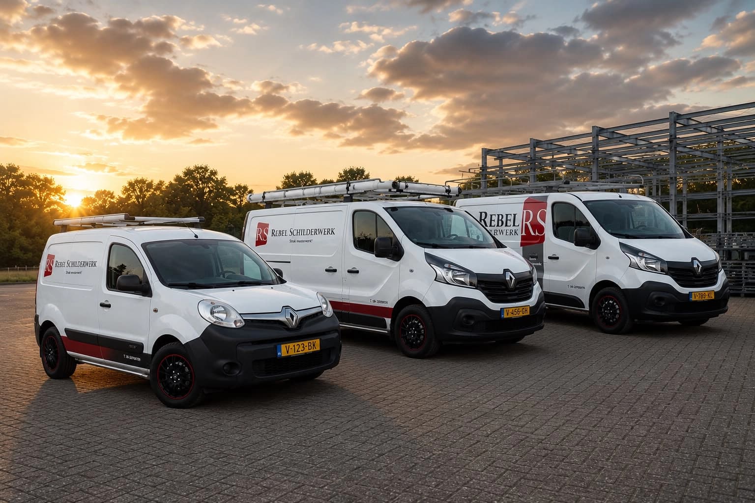 De bussen van Rebel Schilderwerk bij zonsondergang